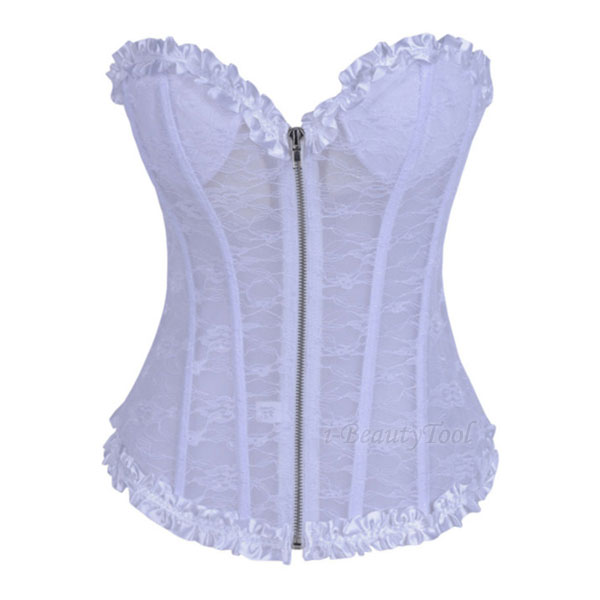 Corset คอร์เซ็ต ซีทรู ซิปหน้า แต่งระบายที่ขอบ - สีขาว