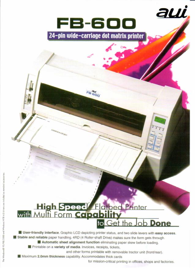 เครื่องพิมพ์บิล เครื่องพิมพ์ใบเสร็จ เครื่องพิมพ์กระดาษต่อเนื่องคุณสมบัติโดยสังเขปของ Heavy duty printer AUI (Seiko Precision) BP-9000Eระบบการพิมพ์	Dot matrix impactbidirectional (Text & Graphics)จำนวนเข็มพิมพ์	24 เข็มพิมพ์ ความเร็วในการพิมพ์	Super speed draft 864 cps (15 cpi)Speed draft 676 cps (12 cpi)Draft pica 564 cps (10 cpi)HQDR pica 360 cps (10 cpi)NLQ pica 240 cpi (10 cpi)LQ pica 180 cpi (10 cpi)รูปแบบตัวอักษร	ได้รับการออกแบบให้มีภาษาไทยได้ถึง 27 รหัส คือ เกษตร, สมอ, สมอ 988, สมอ สหวิริยาใหม่, เกษตรราชวิถี, สมอ มาตรฐ�