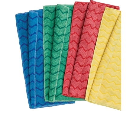Rubbermaid : HYGEN MICROFIBER CLOTH ผ้าไมโครไฟเบอร์อเนกประสงค์  กำจัดเชื้อแบคทีเรีย 99.9%สามารถซักได้ 500 ครั้งระบบการถักทอคุณภาพสูงและออกแบบลวดลายซิกแซกเพื่อประสิทธิภาพการทำความสะอาดที่ดีเยี่ยมทำความสะอาดได้ดีกว่าไมโครไฟเบอร์ทั่วไปและผ้าฝ้ายแบบดั้งเดิม 25%มีรหัสสีช่วยลดการปนเปื้อน โดยการแยกแยะพื้นที่การใช้งานสี : ฟ้า, เขียว, เหลือง, แดงขนาด : 16 นิ้ว x 16 นิ้ว* ราคาไม่รวมค่าจัดส่ง