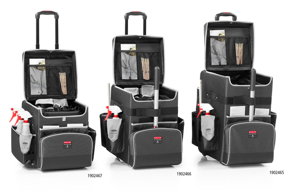 Rubbermaid : Executive Quick Cart กระเป๋าแม่บ้านทำความสะอาด- มาตรฐานการผลิตและนำเข้าจากสหรัฐอเมริกา -  เนื้อผ้ากระเป๋ากันน้ำ เคลือบด้วย Teflon ป้องกันน้ำ,น้ำมัน และคราบสกปรก - อุปกรณ์มีความแข็งแรง ป้องกันการชน เฟอร์นิเจอร์ไม่เป็นรอย- ผลิตจากวัสดุที่มีประสิทธิภาพสูงให้ความแข็งแรงทนทานต่อการใช้งาน- ล้อเลื่อนดีไซน์ออกมาลดเสียงรบกวนและการใช้งานหนัก - มีช่องเก็บอุปกรณ์การทำควา