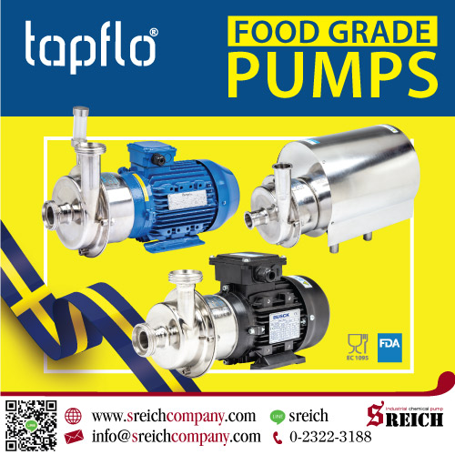 Tapflo Centrifugal Pump Stainless 316 L ปั๊มฟู้ดเกรดจากยุโรป ที่เน้นสุขอนามัยเป็นหลักใช้ในการสูบส่งของเหลว น้ำเชื่อม ไซรัป สูบส่งน้ำผลไม้ น้ำร้อน ในอุตสาหกรรมอาหาร และเครื่องดื่ม วัสดุตัวปั๊มเป็น สแตนเลสเกรด 316L ผิวขัดมัน ใบพัดสแตนเลส 316L และปั๊มแทปโฟลรองรับของเหลวอุณหภูมิสูงถึง180องศาเซลเซียส  สนใจปั๊มสูบส่งของเหลว ปั๊มเติมสาร Chemical Pump, Centrifugal Pump, Sanitary Pump, Hygienic Pumpติดต่อ บจก. เอส ไรคส์ โทร