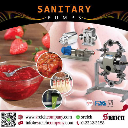 Sanitary Pump ปั๊มไดอะแฟรมสแตนเลสฟู้ดเกรด นำเข้าจากยุโรป               บริษัท เอส ไรคส์ ขอแนะนำปั๊มดับเบิ้ลไดอะแฟรม (Sanitary Pump)ที่นำเข้าและผลิตจากยุโรป ออกแบบมาเพื่อใช้ในอุตสาหกรรมอาหารและเครื่องดื่ม สามารถจ่ายของเหลวได้สูงถึง 570 ลิตร/นาที และส่งแรงดันสูงสุดได้ถึง 8 บาร์ ปั๊มผลิตด้วยวัสดุสแตนเลสสตีล 316L (ฟู้ดเกรด) ทางเรามีผู้เชี่ยวชาญที่จะให้คำปรึกษาและแนะนำสินค้าได