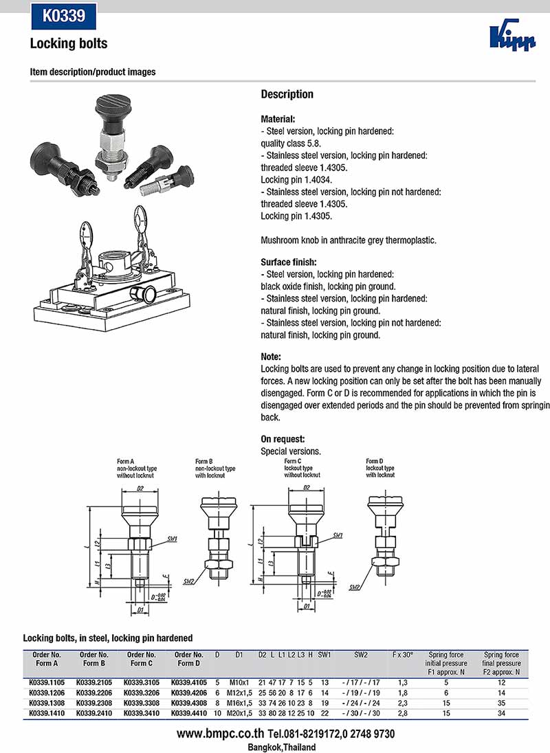 Locking bolt, Indexing plunger, Plunger with pin, สลักล๊อกตำแหน่ง, K0338, K0339, Plug index