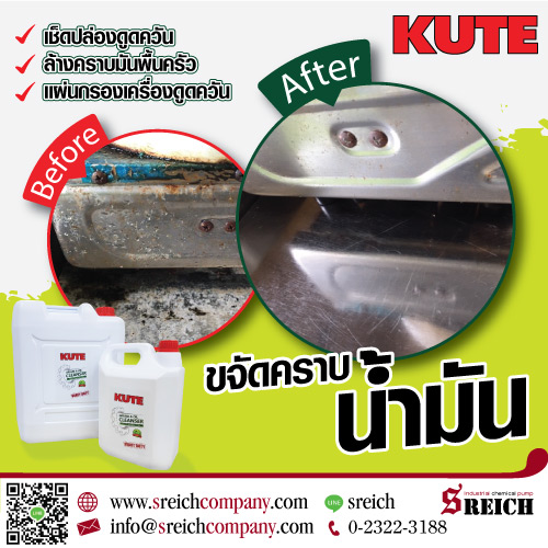           KUTE เป็นน้ำยาทำความสะอาด สูตรน้ำ ชนิดเข้มข้น สามารถเจือจางในน้ำได้ถึง 100 เท่า มีคุณสมบัติช่วยขจัดคราบน้ำมัน น้ำมันเครื่อง น้ำมันเตา คราบจาระบี ยางมะตอย เขม่าควัน เขม่าดำ โดยจะไม่ติดไฟ ไม่ใช้สารทำละลาย สามารถย่อยสลายทางชีวภาพได้ ไม่กัดกร่อน  สั่งซื้อน้ำยา KUTE   โทร 023223188, 0917741198 (เป้ การตลาด)  ไลน์ไอดี sreich  Email : mkt2@sreichcompany.com     #น้ำยาทำความสะอาด #น้ำยาขจัดคราบ #คราบแน