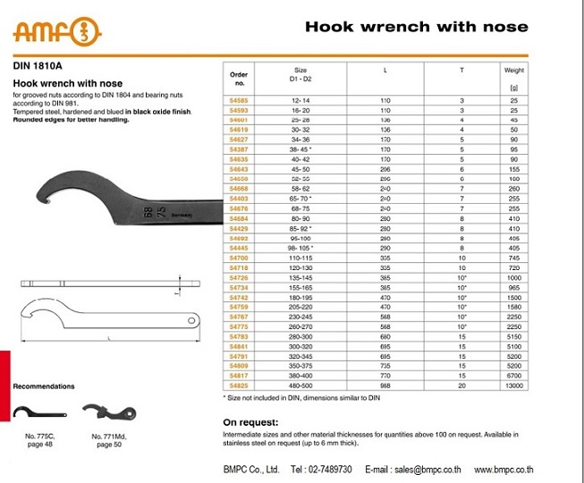 Hook wrench with nose DIN 1810A   Brand : Amf  Made in Germany  Material : Steel, hardened, ground     For slotted round nut, Grooved nut DIN1804, Bearing nut DIN981  No.       Size          l       t  54585        12- 14              110      3   54593        6- 20                110      3   54601        25- 28              136      4   54619        30- 32              136      4   54627        34- 36              170      5   54387        38- 45              170      5   54635        40- 42              170      5   54643        45- 50              206      6   54650        52- 55              206      6   54668        58- 62              240      7   54403        65- 70              2