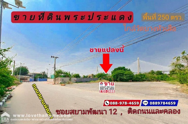 ขายที่ดิน ปากซอยสยามพัฒนา12 วัดบางหัวเสือ พื้นที่ 250 ตรว.  พระประแดง สมุทรปราการ ใกล้แม่น้ำเจ้าพระยา สะพานภูมิพล เหมาะสร้างโกดัง 