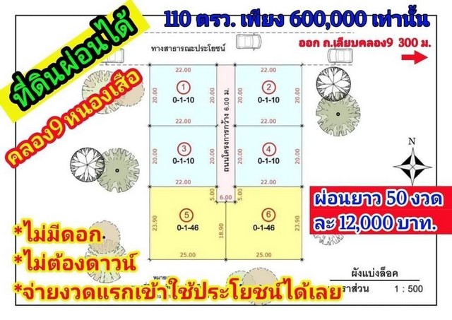 ที่ดินผ่อนได้ คลอง9 หนองเสือ *ไม่มีดอกเบี้ย *ไม่ต้องดาวน์ ขนาด 110 ตรว. 600,000 บาท