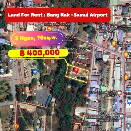 ที่ดินว่างให้เช่า เนื้อที่ 370 ตร.ว. พร้อมบ้านเช่า 8 หลัง ใกล้สนามบินเกาะสมุย