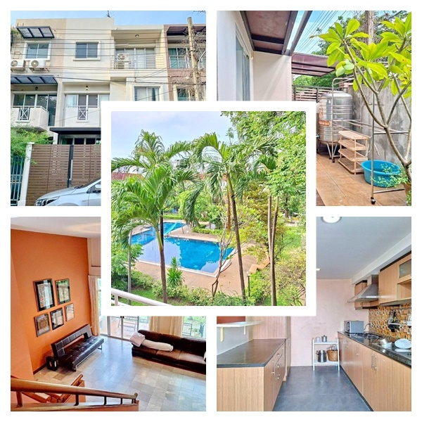 MRT คู้บอน ให้เช่าทาวน์เฮาส์ 3.5 ชั้น วิวสวน สระว่ายน้ำ 20ตรว. 180ตรม. ทำเลดี เป็นโฮมออฟิศ 3นอน 3น้ำ 4แอร์ 1จอดรถ เฟอร์ครบ ตลาดปัฐวิกรณ์ 