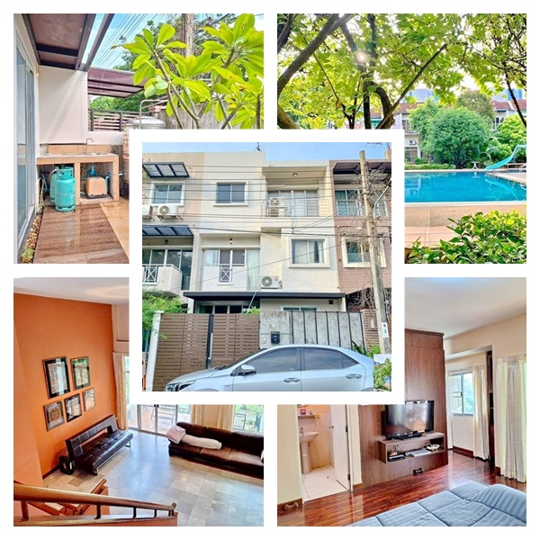 สระว่ายน้ำ 18ตรว. 175ตรม. MRT คู้บอน  วิวสวน ให้เช่าทาวน์เฮาส์ 3.5 ชั้น ตลาดปัฐวิกรณ์ เป็นโฮมออฟิศ 3นอน 3น้ำ 4แอร์ 1จอดรถ เฟอร์ครบ ทำเลดี