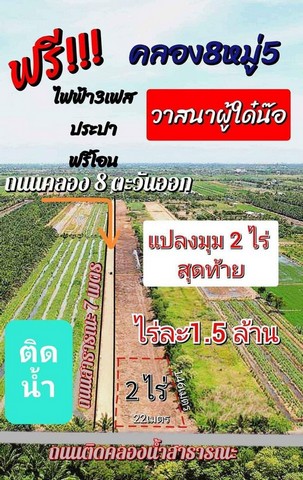 ขายที่ดินคลองแปด บึงชำอ้อ หนองเสือ ปทุมธานี น้ำและไฟพร้อม ติดกับถนน ยก 2 ไร่ 3 ล้านบาท