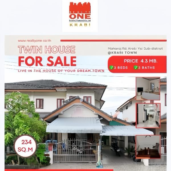 “A Golden Opportunity to Own a Spacious Twin Home in Krabi’s Prime Location at an Unbeatable Price!” Prime Location on Maharaj Krabi RoadRef : FKB7060 Elegant Twin Home Design• Spacious layout perfect for every lifestyle.• 4 bedrooms, 3 bathrooms with parking space.• Bright and airy living room for all your family activities.• Large kitchen area that comfortably fits medium to large dining tables.• Extended private garden area—ideal for relaxing or hosting small gatherings. Golden Location Highlights• Close to schools, markets, and convenience stores.• Just 5 minutes to the city center.• Easy access to all key destinations. Starting at Just 4,300,000 THB.Unbeatable value for a home in this prime location! Experience ultimate convenience, comfort, and value all in one place. Contact Us Now for Details or to Schedule a ViewingCall: +66 92553-6147Or send us a message today!WhatSapp Or Line Or DmHomes in prime locations like this are rare and in high demand.Location