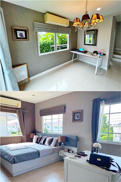 เฟอร์ครบ บ้าน 2 ชั้น RIS School ถ.ร่มเกล้า 6 คฤหาสน์หรู MRT มีนบุรี 1.8 กม 3นอน 2น้ำ 240ตร.ม. 59ตร.วา. ให้เช่า 4แอร์ ติดสวนหย่อม 4 แอร์